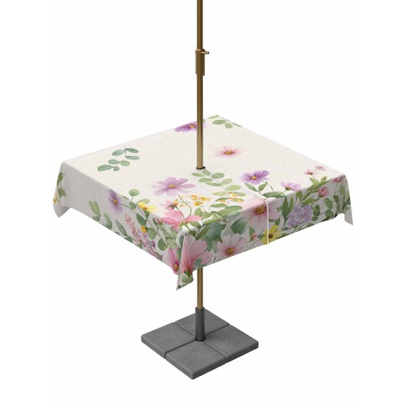 Outdoor Tablecloth with Umbrella Hole and Zipper, Pink Purple Flower Square Table Cloth 60x60 Inch Waterproof Tablecloth, Spring Farmhouse Country Floral Leaf Picnic Table Cover for Patio Camping