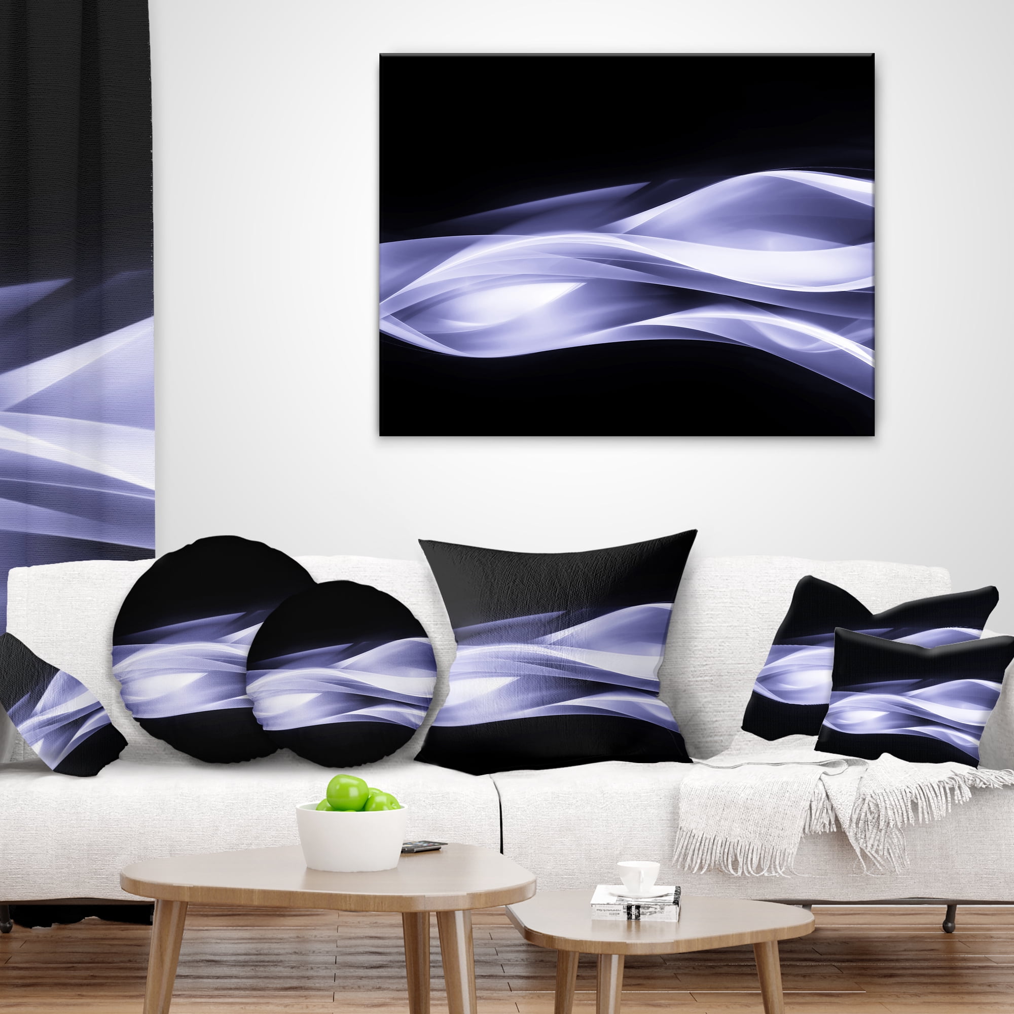 Designart Fractal Lines Purple in Black - Abstract Throw Pillow - 12x20