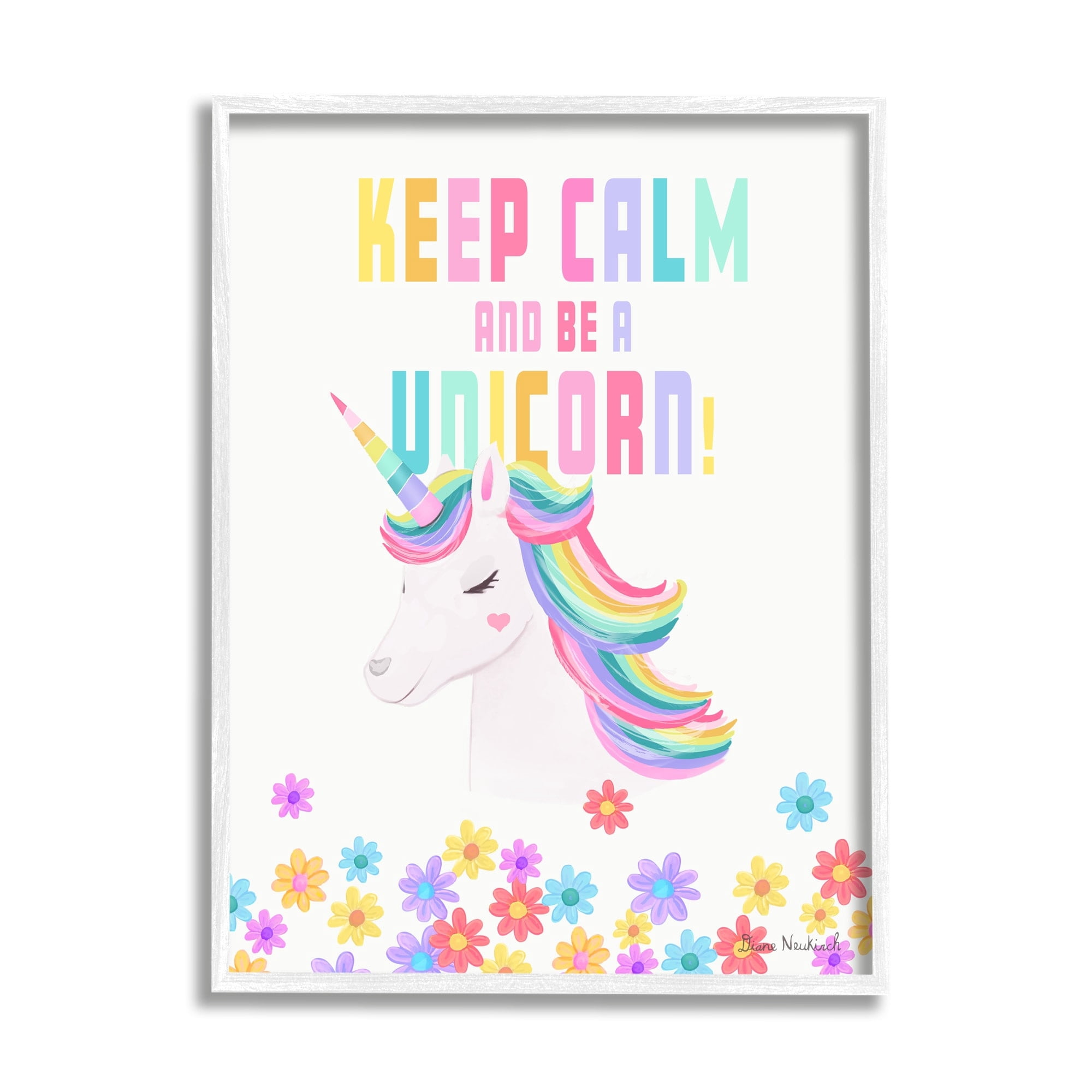 Stupell Industries Keep Calm Be A Unicorn Playful Quote Pastel Florals Graphic Art White Framed Art Print Wall Art, Design by Diane Neukirch