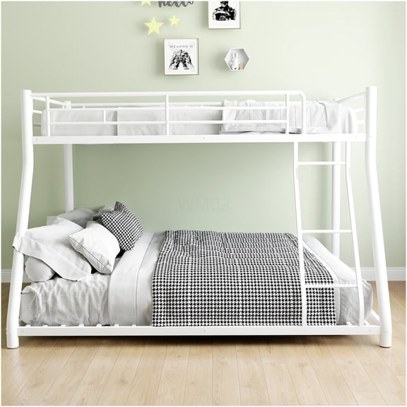 White Metal Bunk Bed with Stairs, Twin Over Full Size, Space Saving Design with Storage, Heavy Duty Frame for Home, Apartment, Dorm