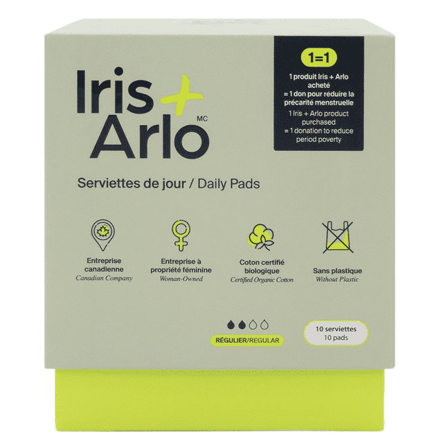 Iris + Arlo Organic Pads 100% Cotton | Regular (10 Count) Sanitary Pads for Women + all Menstruators with Wings