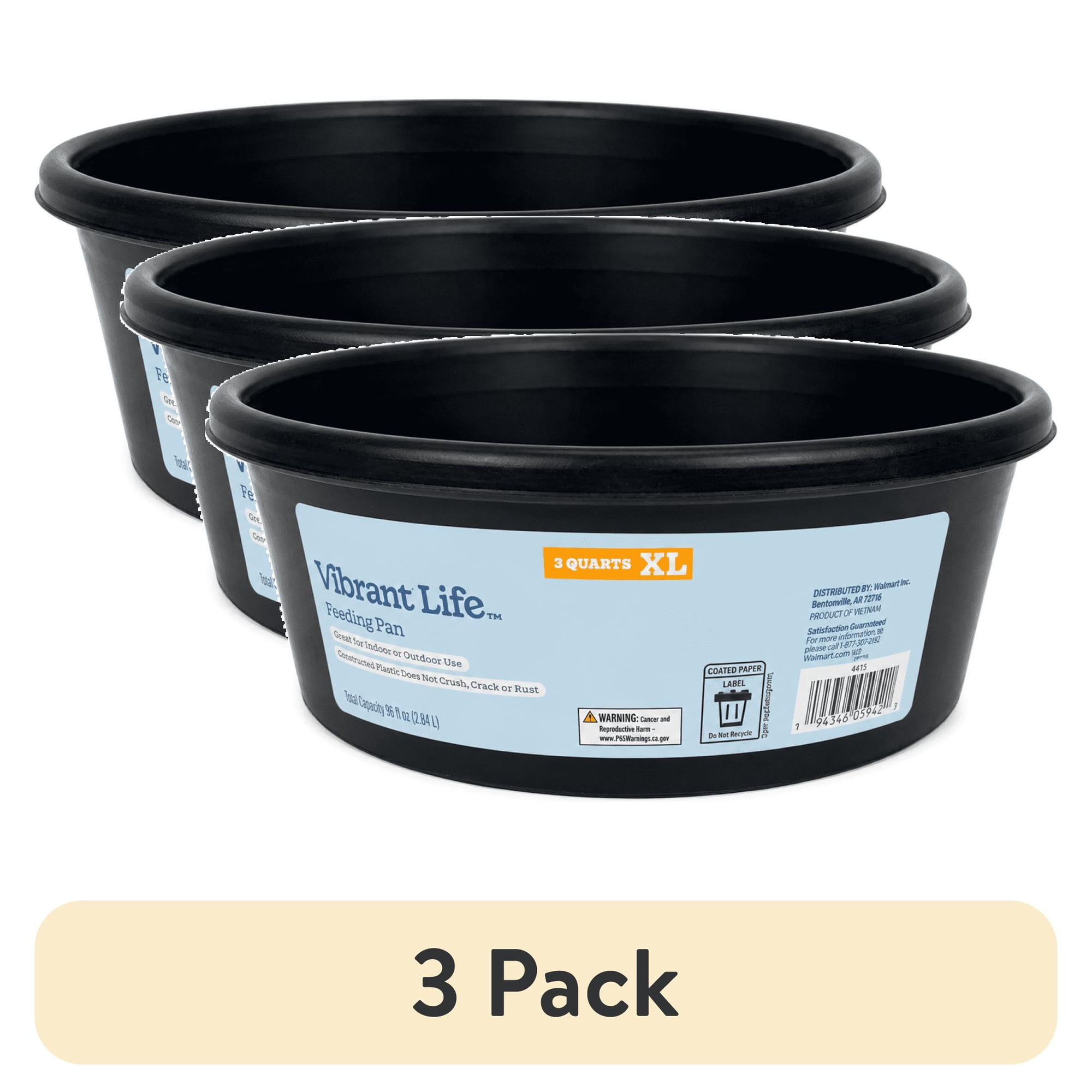 (3 pack) Vibrant Life Extra Large 3-Quart Rubber Feeding Pan, Black