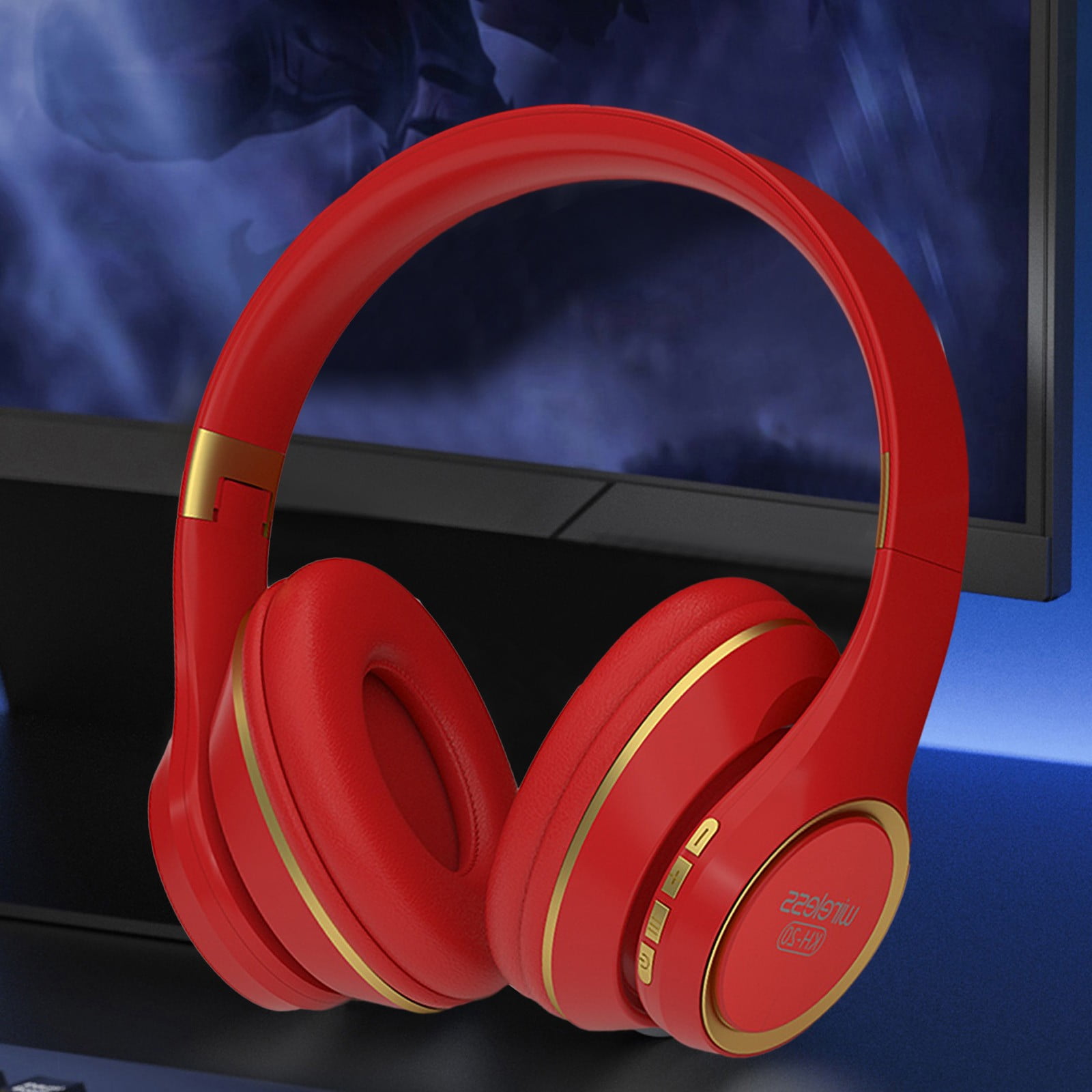 Uandlove Bluetooth Headset PS5,Over Ear Bluetooth Headphones Wireless Headset With Built-in Mic Soft Earmuffs Retractable Support Connecting Audio Cable,Red