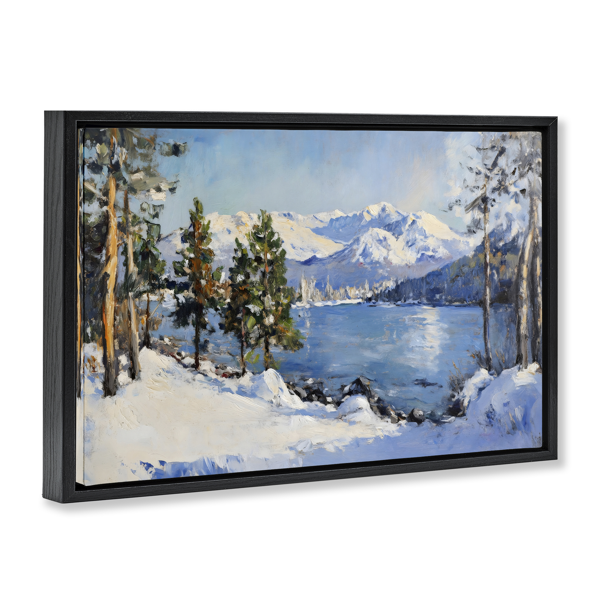 Winter Mountain Lake Black Framed Floater Canvas Wall Art, design by Petal Prints Design