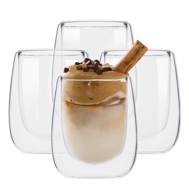 MAGMALIFE Vasos de Cristal Doble Pared de 200 ml (6.7 Onzas). Vidrio Térmico Doble Fondo. Set de 4 pzas, Ideal Para Capuchino, Vino, Té o Jugo. Conservan la Temperatura de Bebidas Frías y Calientes.
