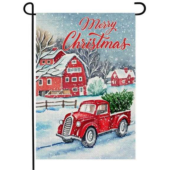Merry Christmas Garden Flag 12x18 Double Sided Burlap Red Truck Christmas Tree Rustic Quote House Winter Xmas Yard Flag for Outside Decoration