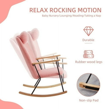 Adjustable Headrest Pillow Rocking Chair, Teddy Fabric Upholstered Glider Rocker with High Backrest, Modern Rocking Accent Chairs Comfy Side Chair for Nursery, Bedroom, Living Room (Pink)