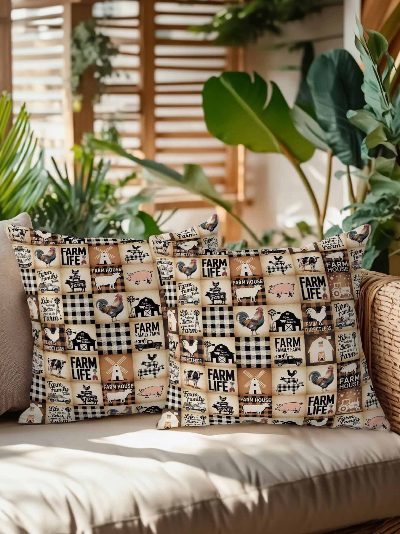 Outdoor Pillows Waterproof, Farmhouse Checkered Bedding Throw Pillows with Insert for Couch Sofa Bed, Rustic Retro Farm Life Assembling 18x18 Inch Pillowcases Decorative Patio Pillow Set of 2
