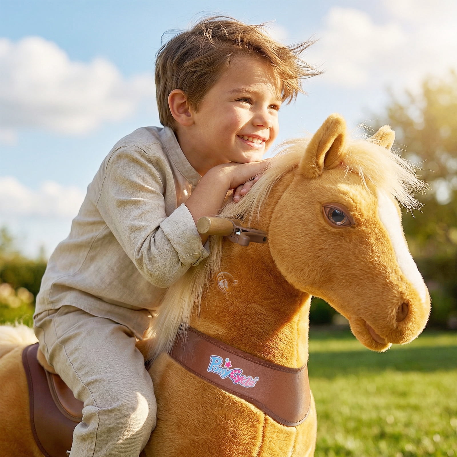 PonyCycle Interactive Horse Ride-On Toy, Touch Sound, Kid-Powered, Ages 4-7, Light Brown, Y471