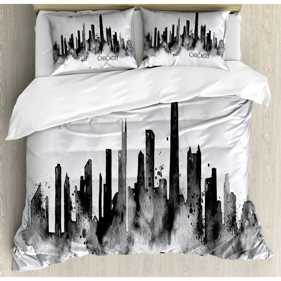 Chicago Skyline Duvet Cover Set King Size, Watercolor Urban Landscape Grunge Brushstroke Effects Murky Image, Decorative 3 Piece Bedding Set with 2 Pillow Shams, Black Charcoal Grey, by Ambesonne
