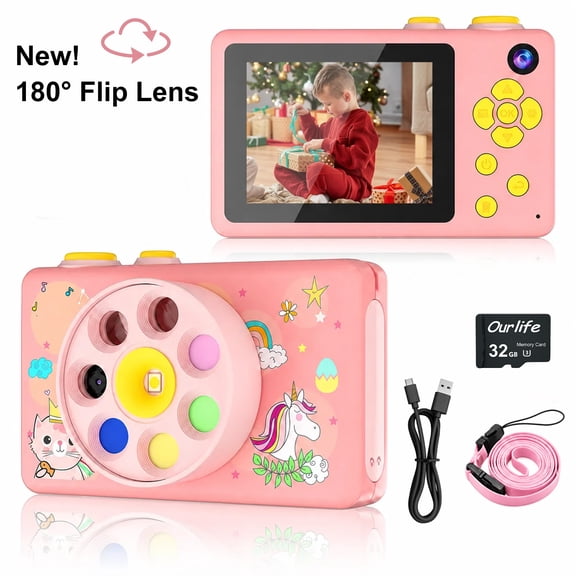 Muivan 180°Rotatable Lens Kids Camera - HD Digital Selfie Camera for Girls - Pink Unicorn Toddler Toy with 32GB SD Card - Ideal Birthday Gift for Girls Age 3-9