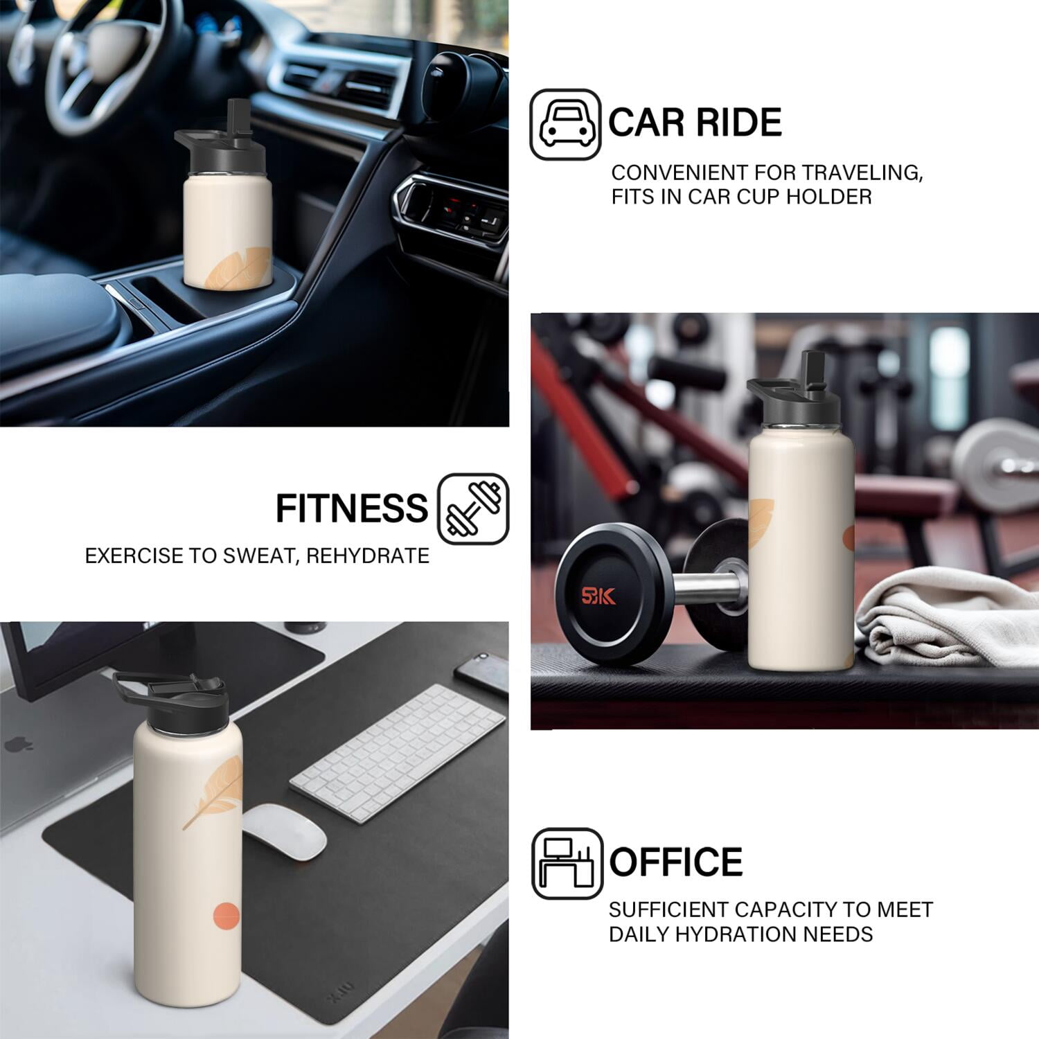 Modern 18 oz Insulated Stainless Steel Water Bottle with Straw & Cleaning Brush , Leakproof, BPA-Free, 304 Stainless Steel, Wide Mouth, Travel Mug for Car, Gym, Office