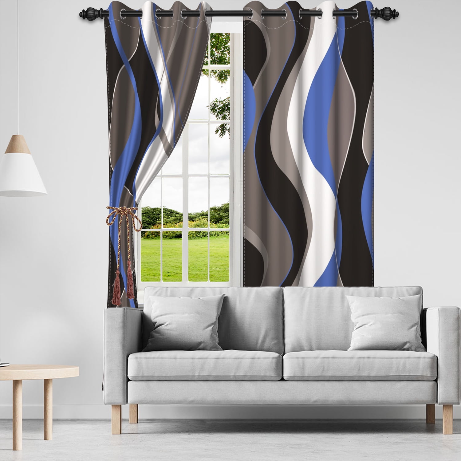 Lfeey Blackout Drapes 63 inch Long, Thermal Insulated Room Darkening Curtains, Blue Fluid Pattern, 2 Panels set