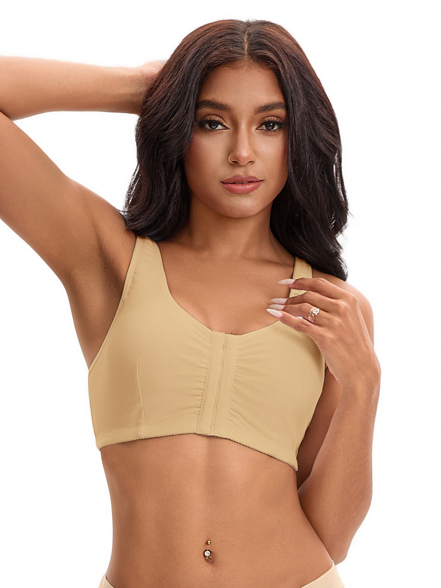 Unique Bargains Women's Front Closure Adjustable Strap Wirefree Workout Bras XXL Beige