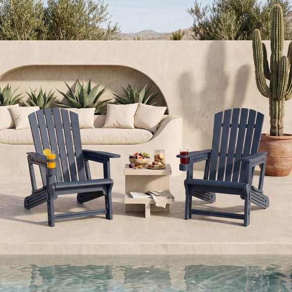 Blue HDPE Wood-Look Adirondack Chair with Built-In Cup Holder, High Back Ergonomic Outdoor Lounge Chair 330 LBS Capacity for Patio Deck Fire Pit Poolside