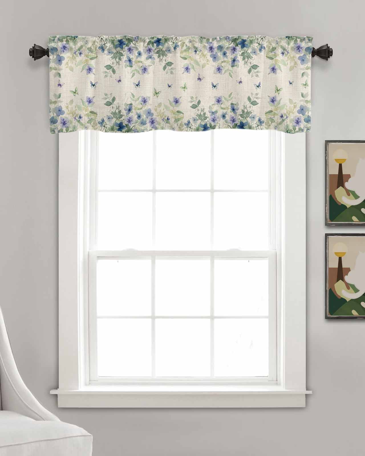Butterfly Plant Kitchen Valances for Windows Farmhouse Linen Window Valance Curtain for Living Room Window Treatment Green Purple Watercolor Country Leaf Valance Rod Pocket Topper Drape, 60 x 18 Inch