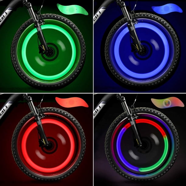Luces para ruedas (rojas, verdes, azules y multicolores) (juego de 4) para radios de bicicleta de montaña, carretera, adultos y niños. Luz LED de neón impermeable con 3 modos de parpadeo.