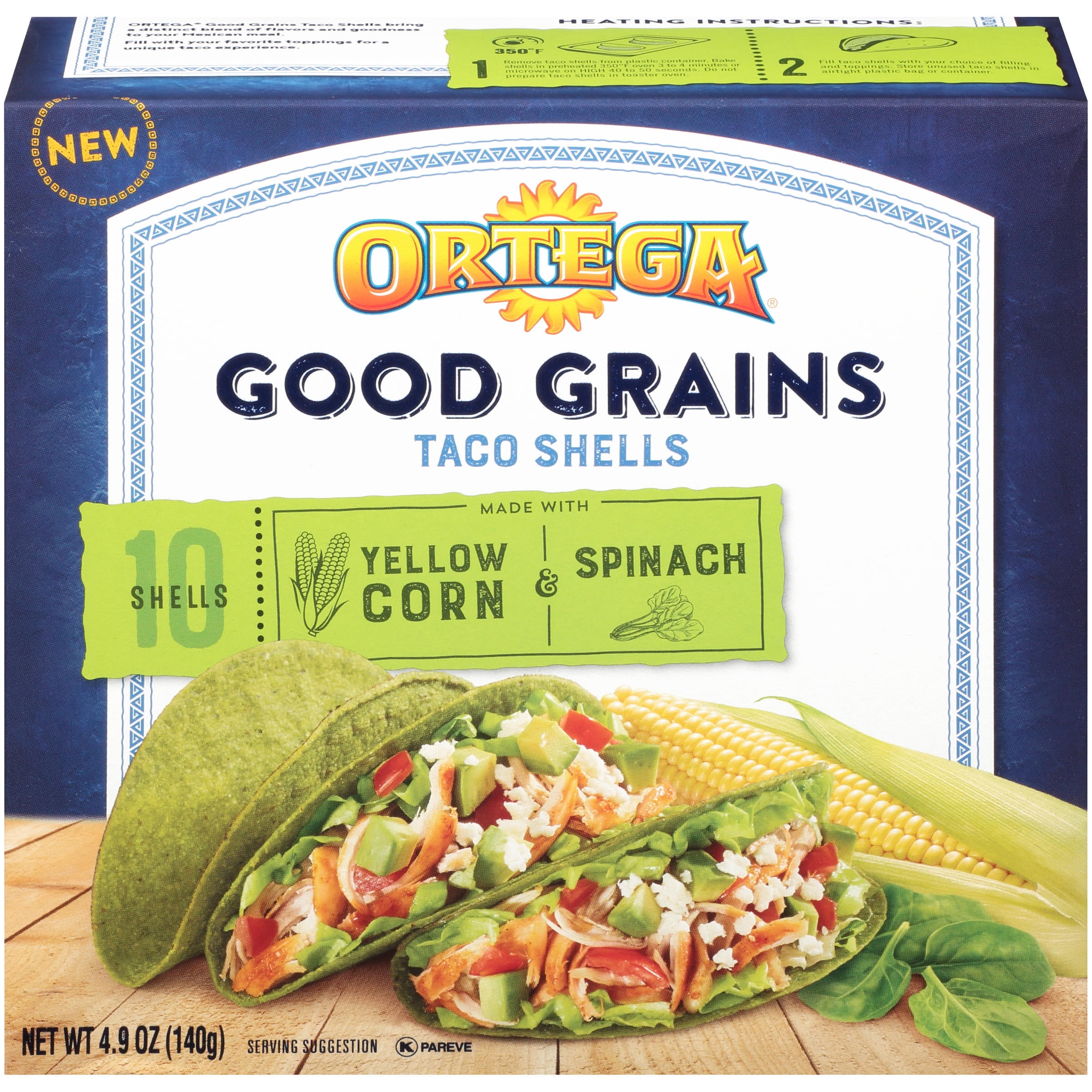 Use Ortega Good Grains Taco Shells Made with Yellow Corn and Spinach in pla...