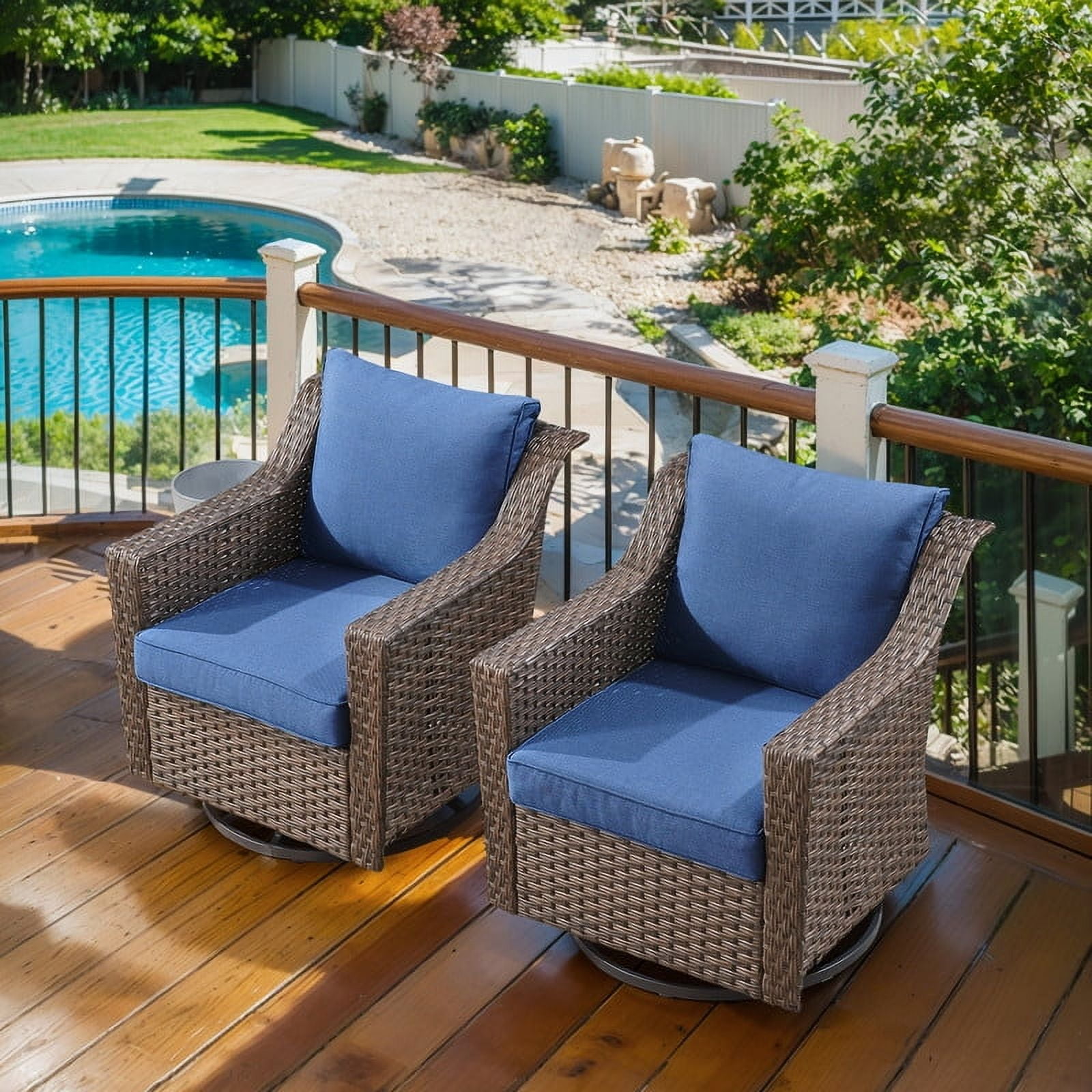 PARKWELL 9 Pieces Outdoor Patio Furniture Set 9-Seat High Back Wicker Conversation Set with Swivel Glider Chairs,Brown Wicker Navy Cushion