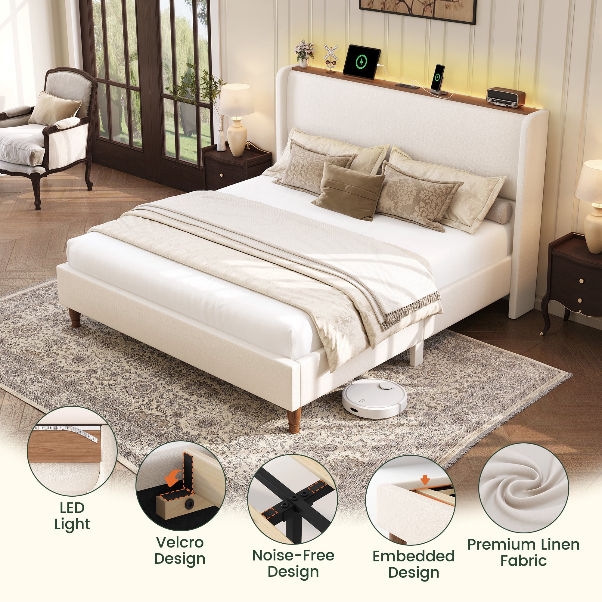 Breltam Upholstered Platform Bed with Wingback Headboard, Queen Bed Frame with LED Lights and Charging Station, Beige