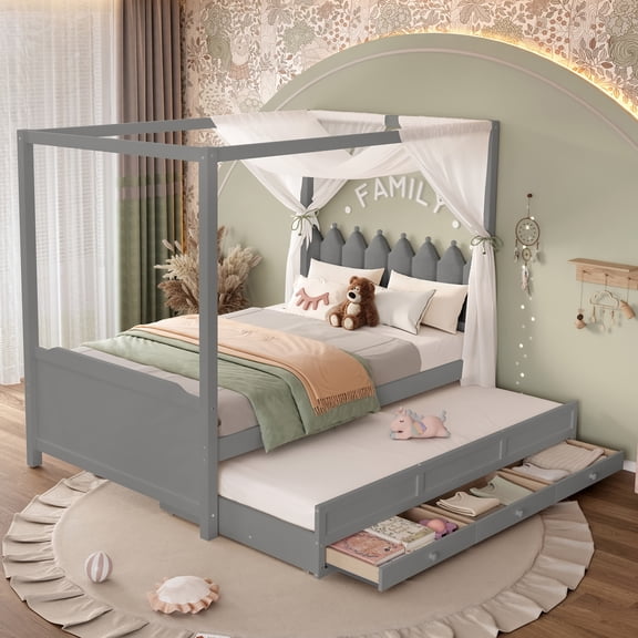 Mintazer Princess Upholstered Headboard Full Size Platform Canopy Bed Frame with Twin Trundle and 3 Storage Drawers for Kids Girls, Gray