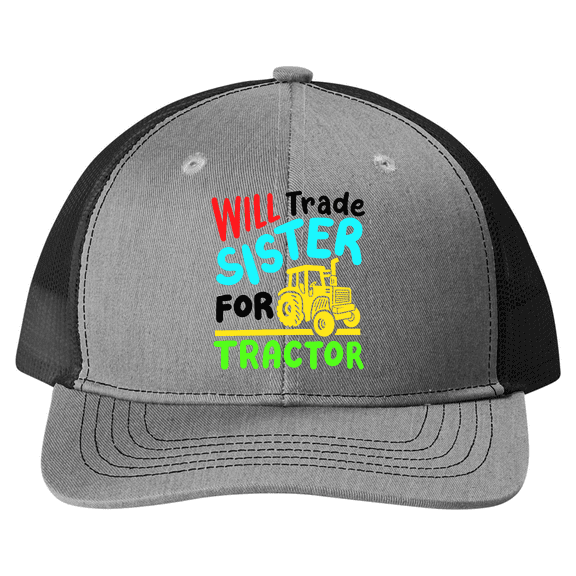 Trenz Shirt Company Youth Embroidered Snapback Boys Mesh Trucker Hat - Will Trade Sister For Tractor Design, Heather Grey/Black