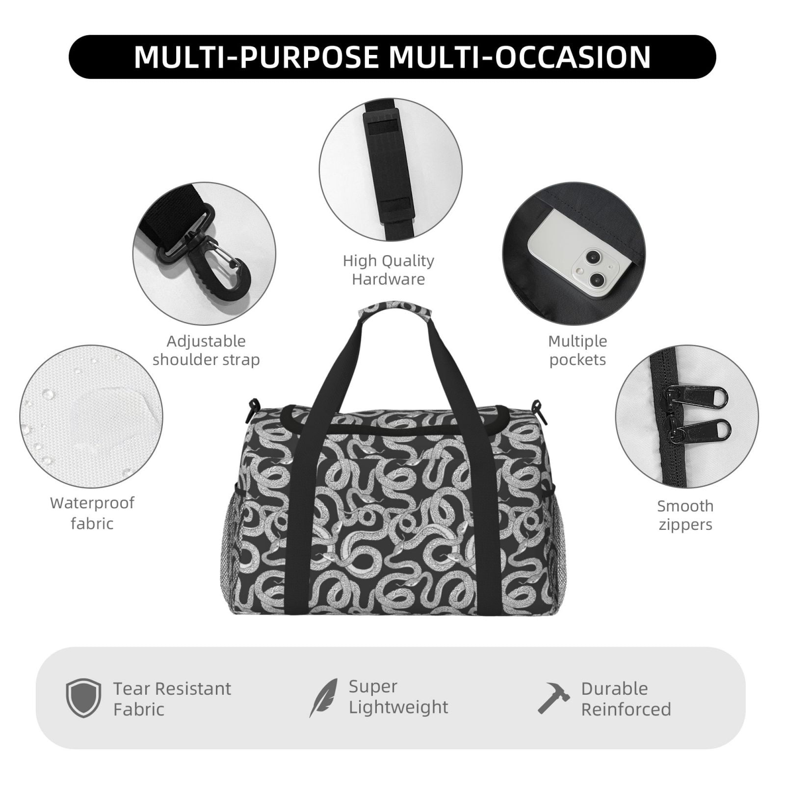 Fuzoiu Snake Print Travel Duffle Bag,Carry On Tote Bags,Duffel Bag,Sport Gym Bag, Hospital Bag for Labor and Delivery, Overnight Bag,Luggage Bag