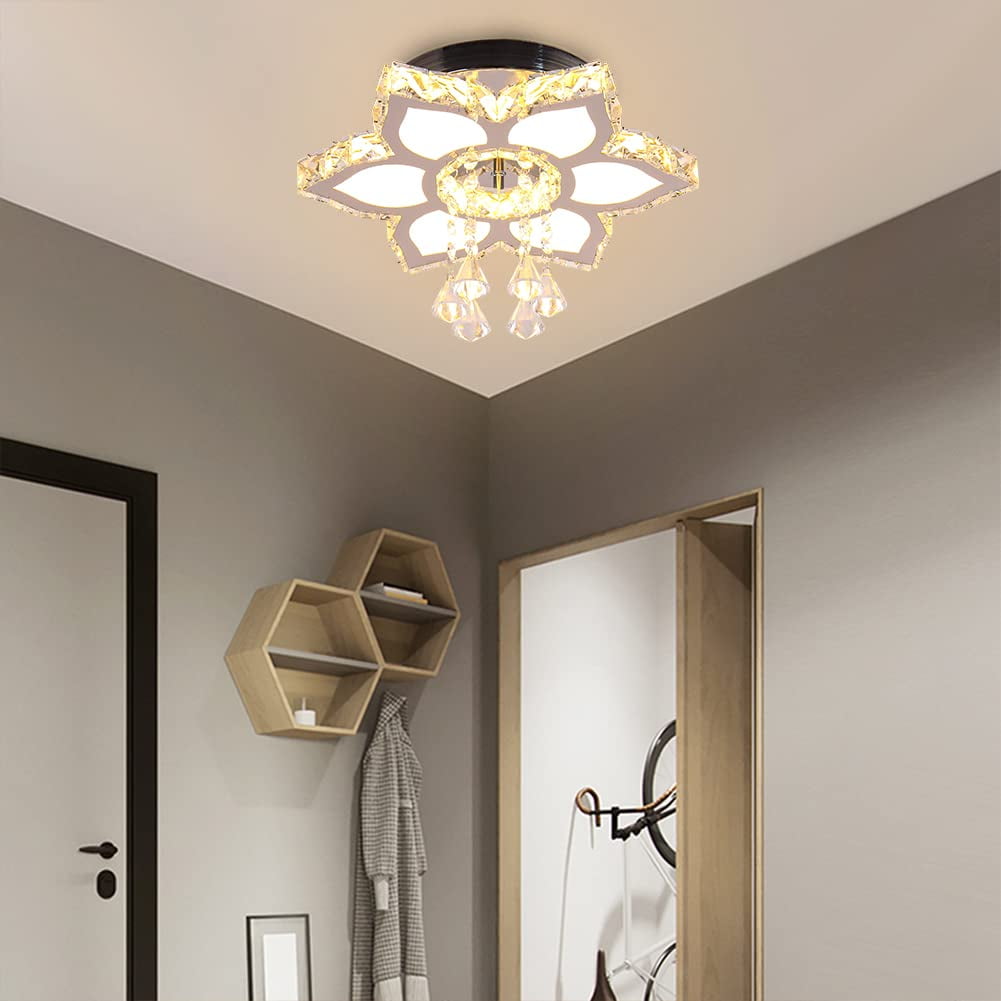 FRIXCHUR Crystal Chandelier Modern LED Flower Crystal Ceiling Light Flush Mount Chandeliers for Bedrooms Living Room Dining Room Hallway Closet (Warm White )