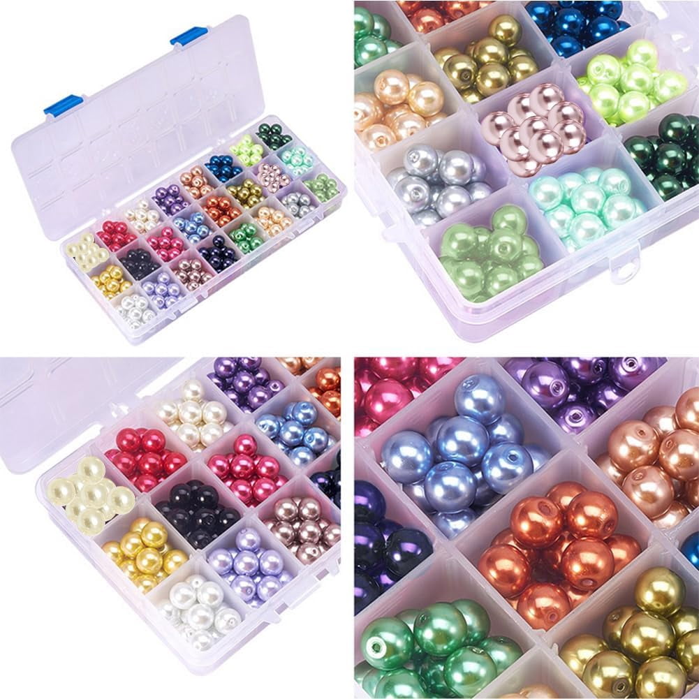 360pcs 10mm Glass Pearl Beads 24 Color Craft Pearl Bead Satin Luster Imitation Pearls Bead Dyed Round Loose Spacer Beads for Jewelry Necklace Craft Making Vase FillersMixed Color