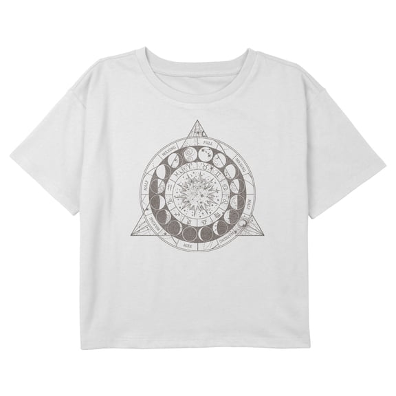 Girl's Lost Gods Astrology Moon Phases Wheel Graphic Cropped T-Shirt White Large
