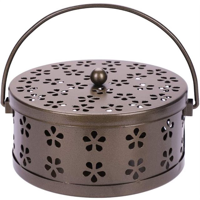 Soporte clásico para bobina de mosquitos, soporte de incienso para humo, incensario portátil, quemador de incienso de reflujo de metal, estufa de carbón con cubierta para asa, caja para mosquitos,