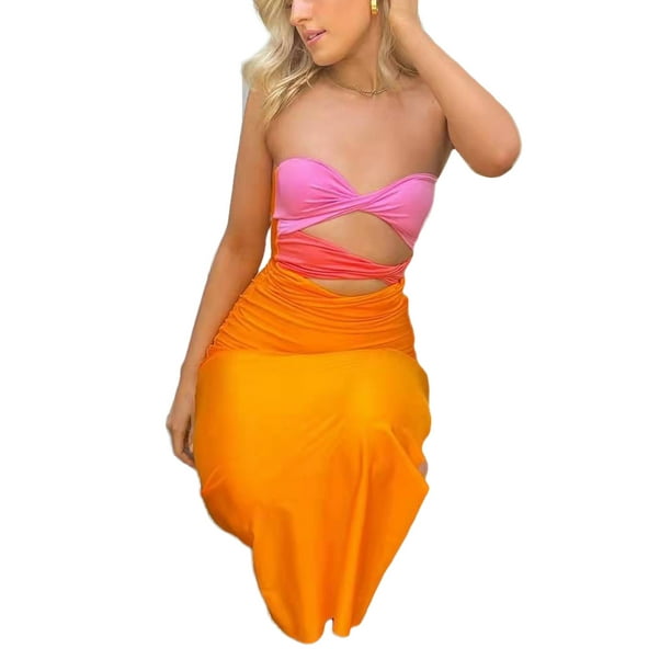 Sunloudy Women Bodycon Midi Dress Fashion Strapless Twist Front