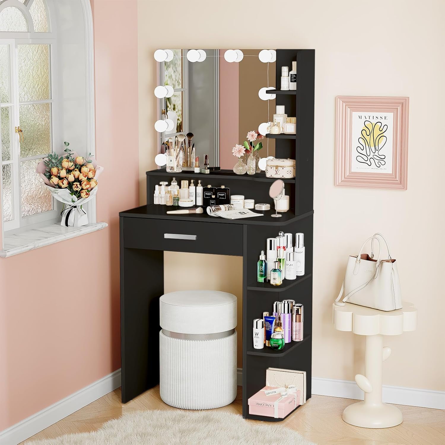 Makeup Vanity Desk with Mirror and Lights, NEORIVER Black Vanity Mirror with Lights with Large Drawer and 6 Level Storage, Black Vanity with Large Led Mirror with 3 Color Lighting Modes