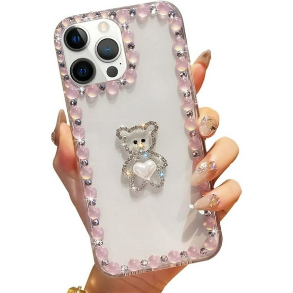 Compatible with iPhone 14 Pro Max for Women Girls with Bear 3D Glitter Sparkle Bling Case Luxury Shiny Cute Crystal Rhinestone Diamond Bumper Clear Protective Cover