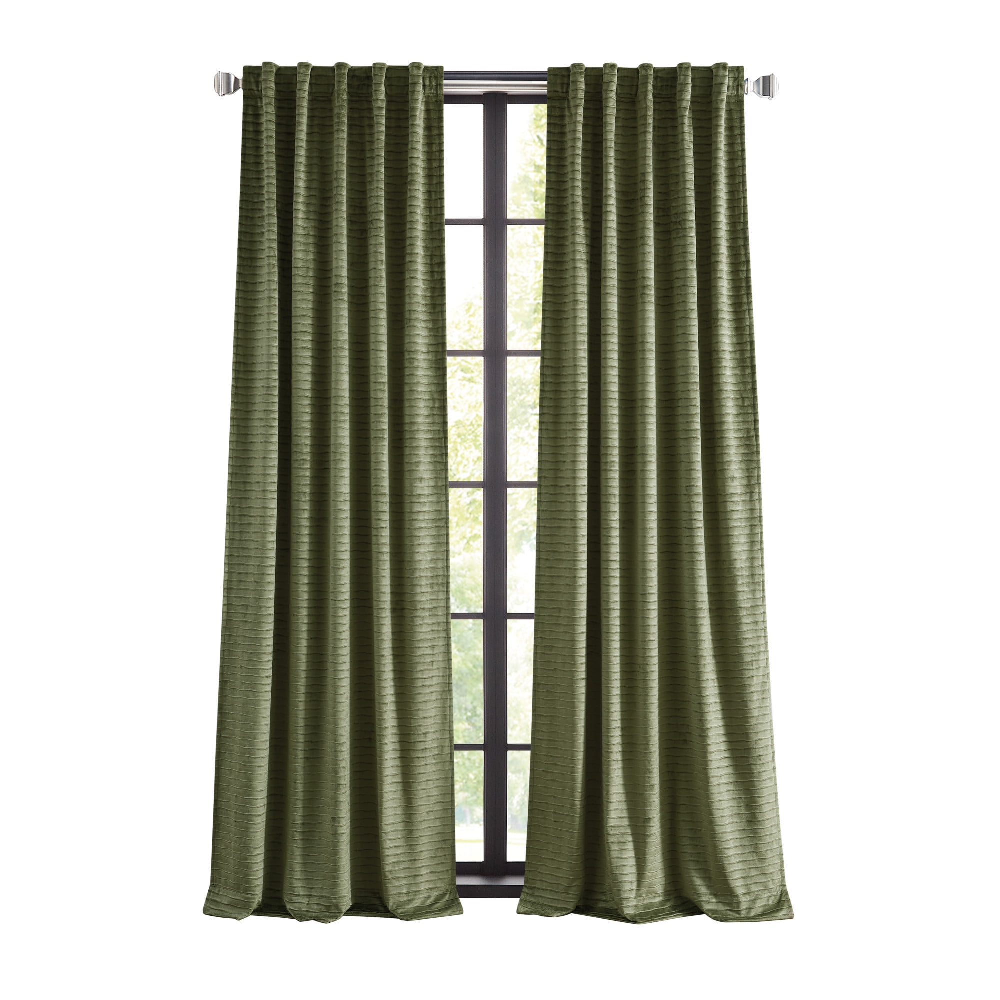 Martha Stewart Wave Embossed Velvet Curtain Panel Pair, Olive, Pole Top/Back Tab, Room Darkening, Indoor, Adult, 2 Piece Set, 37" x 84"
