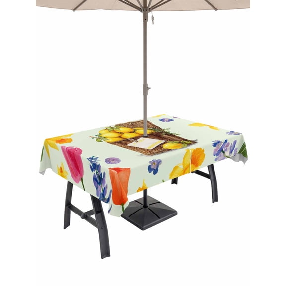 Outdoor Tablecloth with Umbrella Hole for Patio/Picnic/Party/Camping, Spring Floral Waterproof Table Cloth Rectangle Table Cover Washable, Watercolor Lemons Garden Flowers Rustic Green (60"x 120")