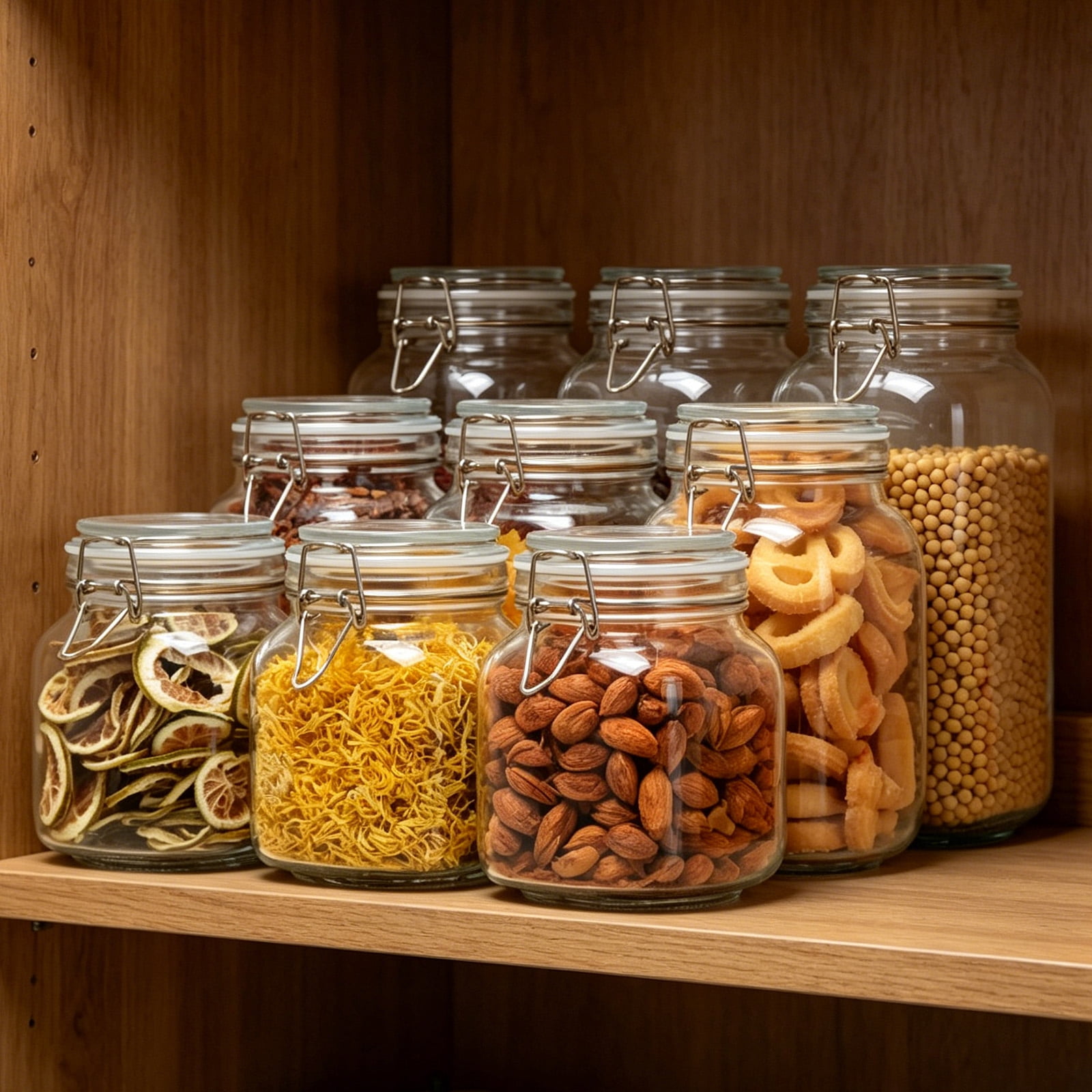 Panzexin 34oz Square Glass Food Storage Jars with Airtight Clamp Lids, 3 Pack Kitchen Canisters for Flour, Cereal, Coffee, Pasta and Canning,  Mason Jar (Clear 34oz Square - 3 sets)