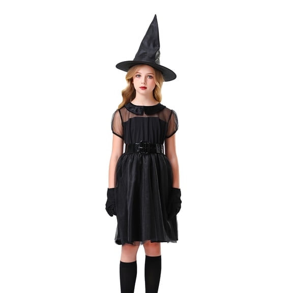 ZGRBOU Girls' Halloween Witch Costume with Pointed Hat Sheer Mesh Tulle Short Sleeve Dress Black Deluxe Cosplay Outfit