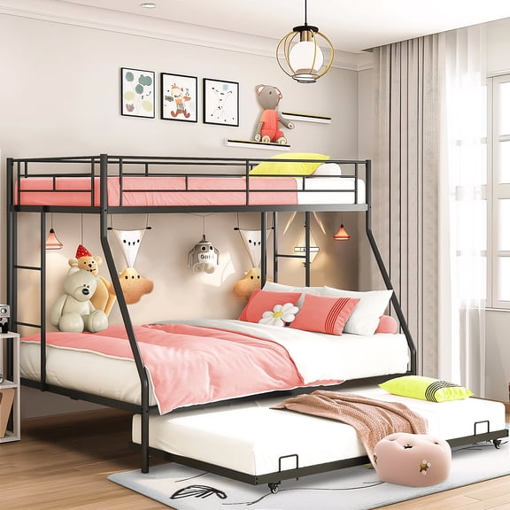 Kids Bunk Bed with Trundle, UHOMEPRO Safe and Space-Saving Sleep Solution for Growing Families, Twin Over Full Metal Bunk Bed, Sturdy Guardrails, No Box Spring Needed, CPC Certification, Black