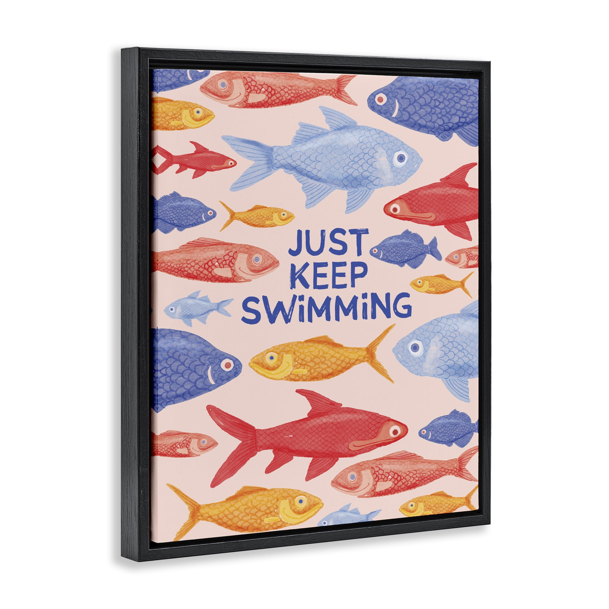 Stupell Industries Just Keep Swimming Fish Black Framed Floater Canvas Wall Art, design by The Paper Curator