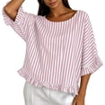 thumbnail image 6 of Qulqfy Crew Neck Womens Blouse Short Sleeve Striped Loose Casual Ruffle Boho Spring Summer Trendy Ladies Tops and Blouses Pink L, 6 of 8