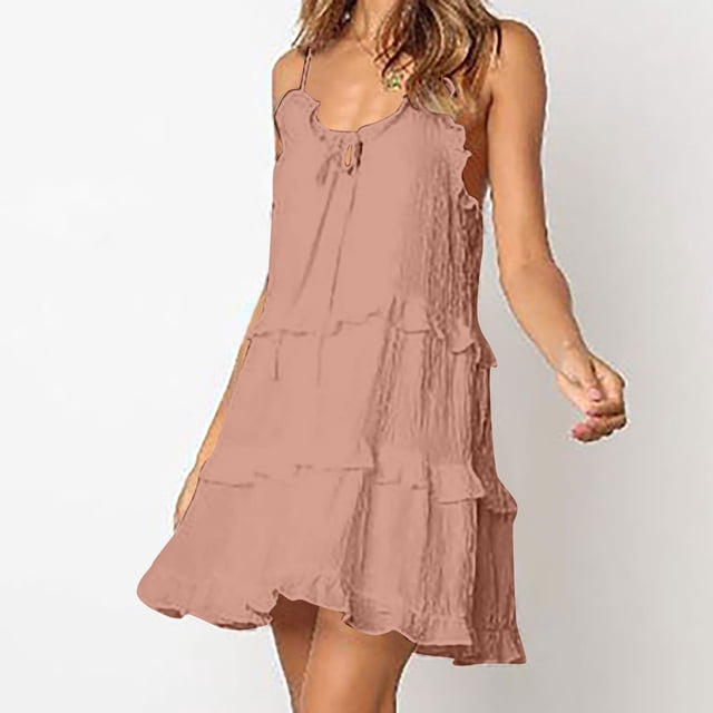 Gspmoly Robes pour Femmes, Mode Féminine Décontractée d'Été Robe Mini Unie Sans Manches à Col en V Robes de Soirée pour Femmes Offres des Fêtes