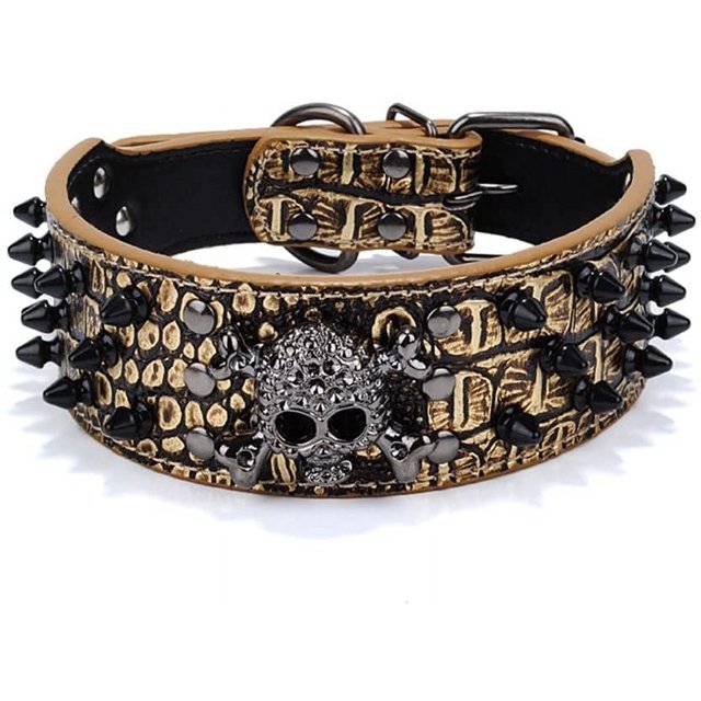Cuero 3 Filas Remaches De Bala Tachonado Calavera De Cuero Genial para Collar De Perro Mediano Grande (M)-marrón dorado
