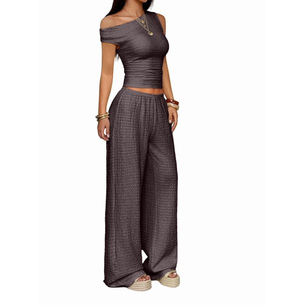 Conjuntos de Dos Piezas para Mujer, Top Corto Informal de un Solo Hombro, Pantalones Anchos y Conjuntos Y2K A Juego. Marrón XL