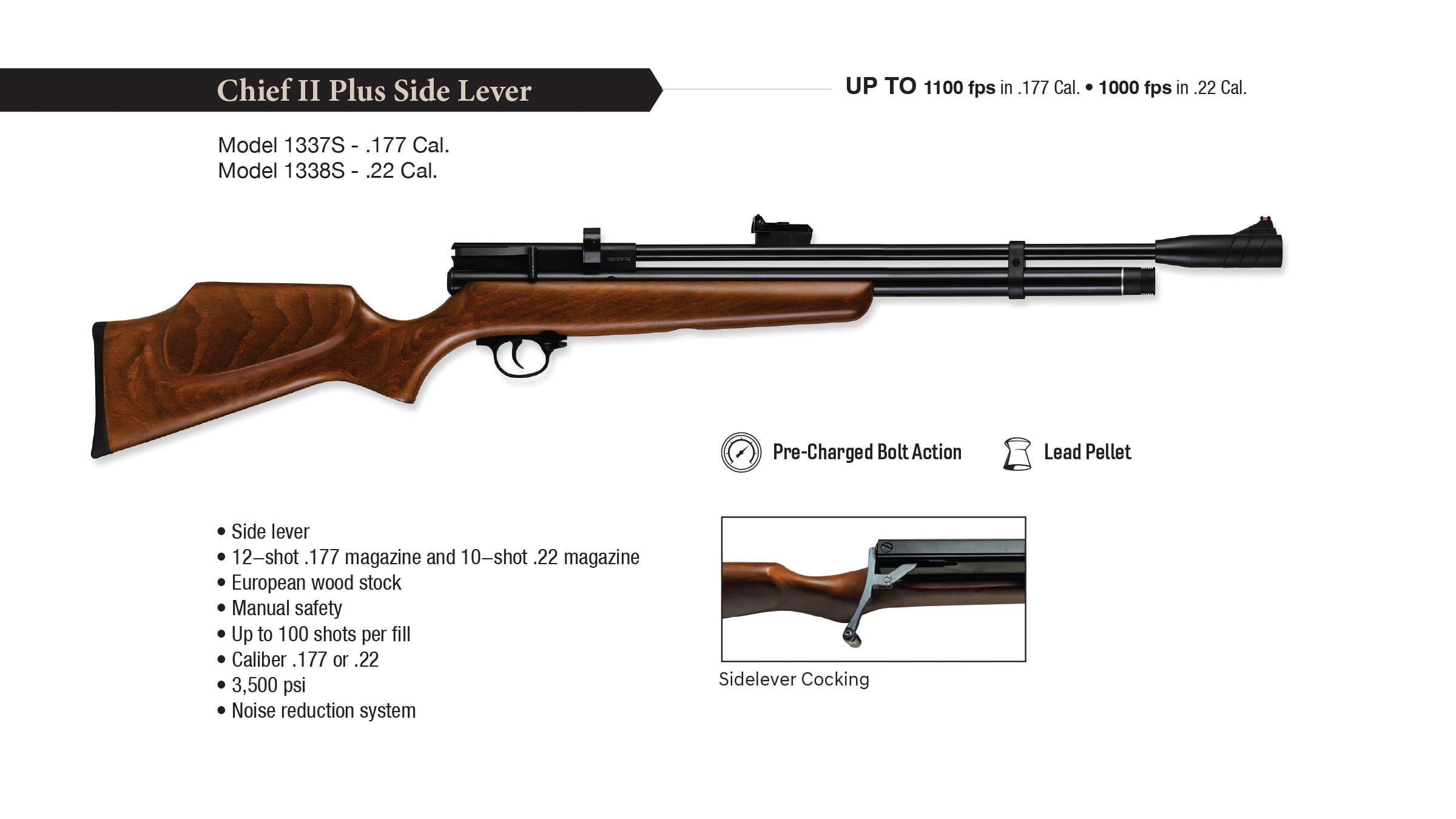 Beeman 1337S Chief II Plus-S .177 PCP Side-Lever Air Rifle with Wood Stock and 12-Shot Magazine