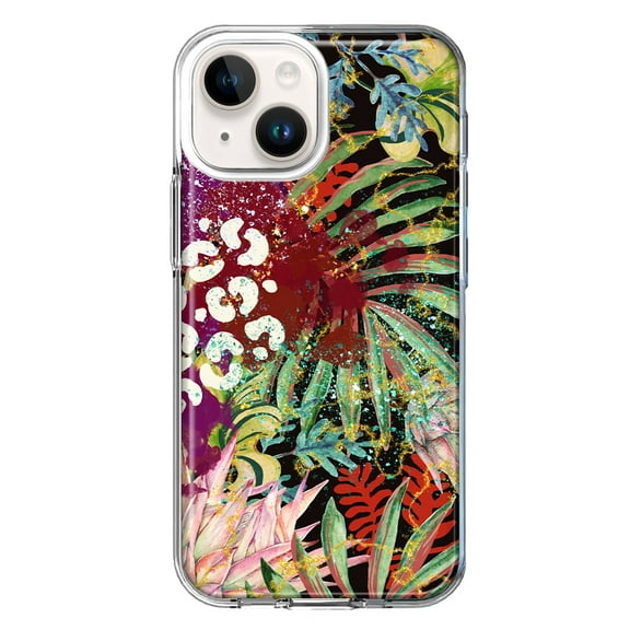 MUNDAZE Case for Apple iPhone 15 Plus Hybrid Shockproof Slim Hard Soft TPU Shell Heavy Duty Protective Phone Cover - Leopard Tropical Flowers Vacation Dreams Hibiscus Floral