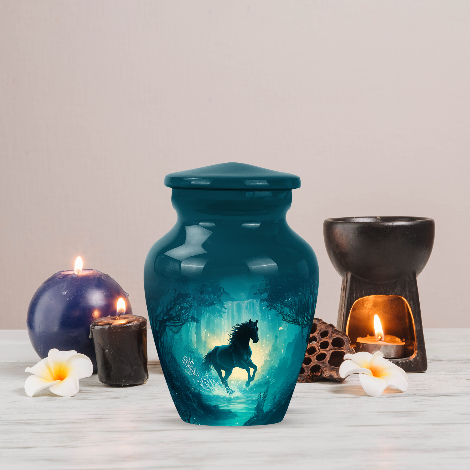 MUKTIVE Waterfall Mini Cremation Urns for Adult Male, Small Green Memorial Urns for Human Ashes Adult Man Funeral, Keepsake Horse Decorative Burial Urn, 3 Inch