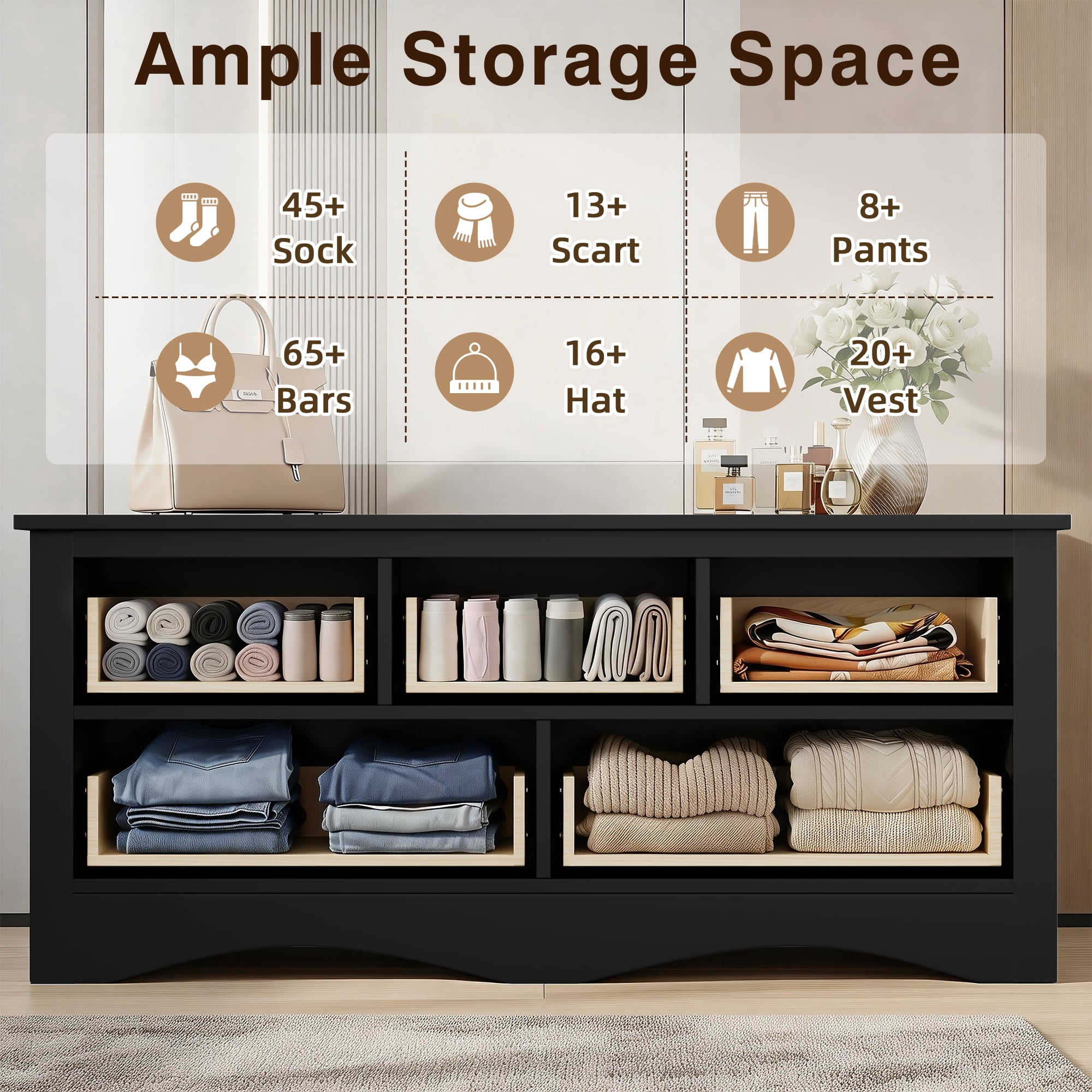 Homall 5 Drawer Double Dresser, Modern Wood Chest of Drawer for Living Room Bedroom,Black