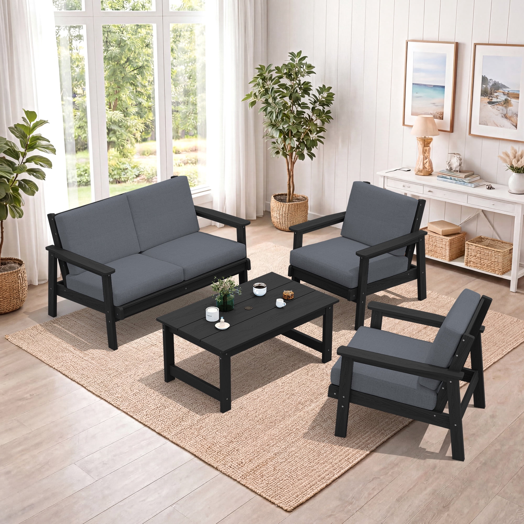 SERWALL 5 Pieces Outdoor HDPE Patio Furniture Sets, Conversation Sets with Cushions, 2 Armchairs & 1 Loveseat & 1 Coffee Table for Poolside, Balcony, Porch & Backyard, Black / Grey
