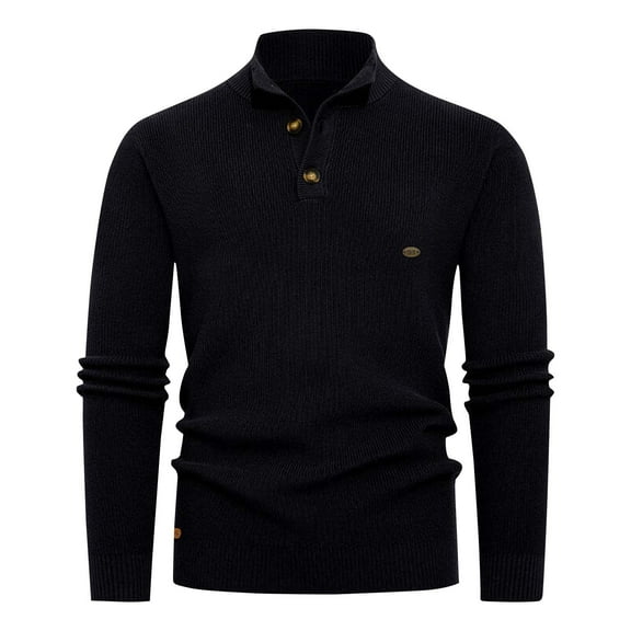 Mock Neck Sweater Men Autumn Winter Cotton Knit Button Pullover Business Casual Thermal Long Sleeve Solid Color Textured Knitwear Warm Layering Top